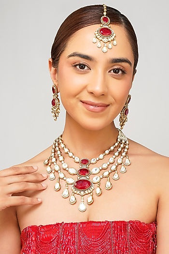 Gold Plated Kundan Polki & Ruby Doublet Layered Necklace Set
