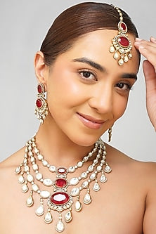 Gold Plated Kundan Polki & Ruby Doublet Layered Necklace Set