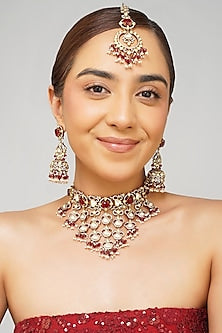 Gold Plated Kundan Polki & Ruby Doublet Layered Necklace Set