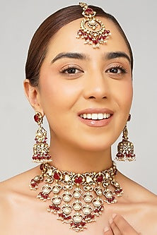 Gold Plated Kundan Polki & Ruby Doublet Layered Necklace Set