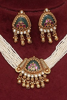 Gold Finish Multi-Colored Kundan Polki Rajwadi Choker Necklace Set