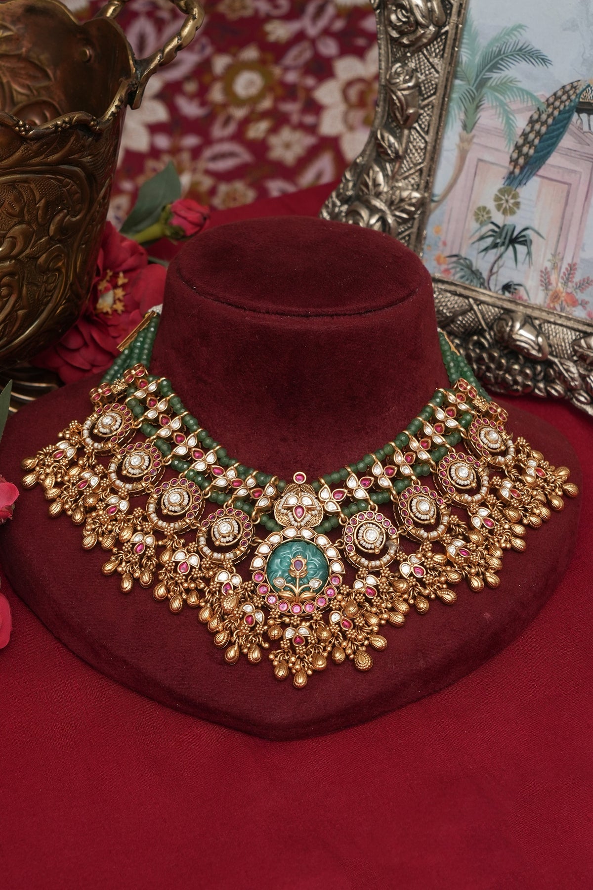 Gold Finish Multi-Colored Kundan Polki Necklace Set