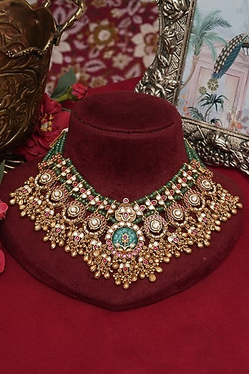 Gold Finish Multi-Colored Kundan Polki Necklace Set