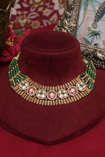 Gold Finish Multi-Colored Kundan Polki & Emerald Green Beaded Necklace Set