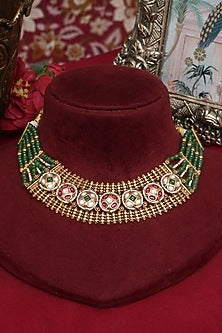 Gold Finish Multi-Colored Kundan Polki & Emerald Green Beaded Necklace Set