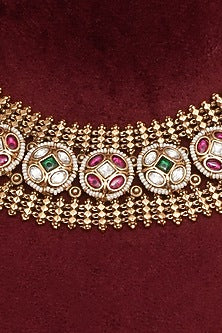 Gold Finish Multi-Colored Kundan Polki & Emerald Green Beaded Necklace Set
