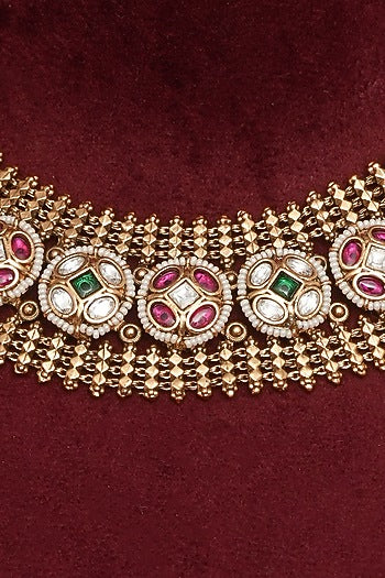 Gold Finish Multi-Colored Kundan Polki & Emerald Green Beaded Necklace Set