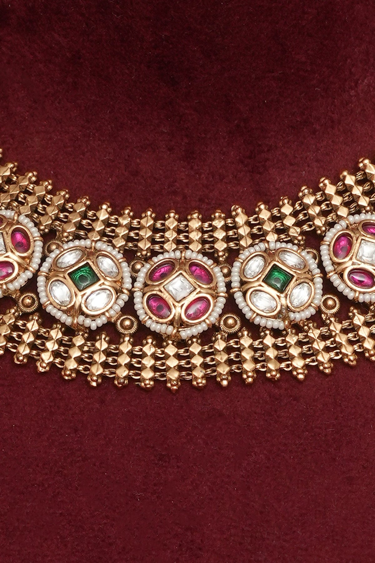 Gold Finish Multi-Colored Kundan Polki & Emerald Green Beaded Necklace Set