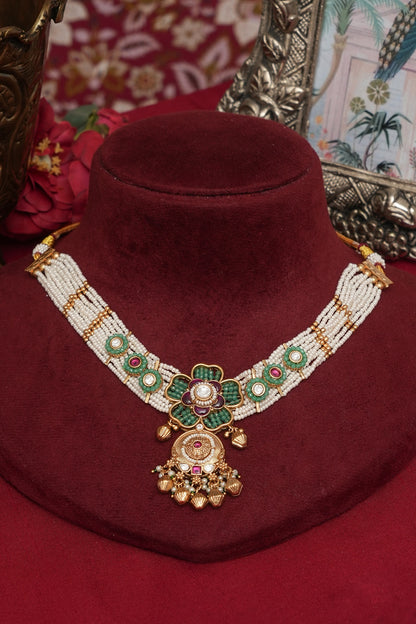 Gold Finish Multi-Colored Kundan Polki & Pearl Necklace Set