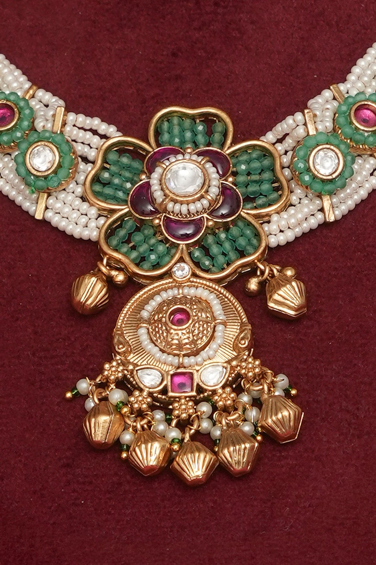 Gold Finish Multi-Colored Kundan Polki & Pearl Necklace Set