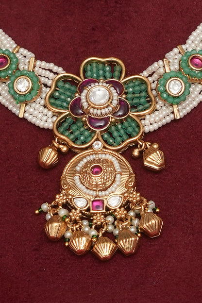 Gold Finish Multi-Colored Kundan Polki & Pearl Necklace Set