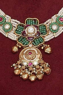 Gold Finish Multi-Colored Kundan Polki & Pearl Necklace Set