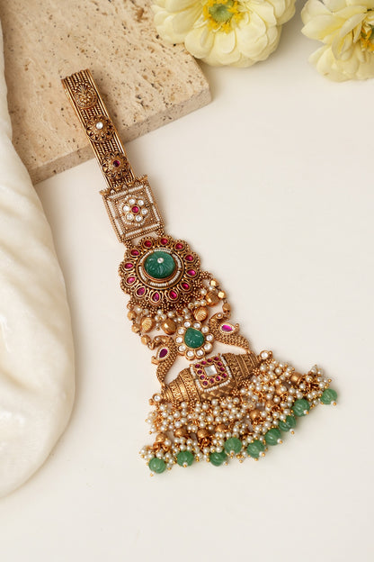 Gold Finish Multi-Colored Kundan Polki & Pearl Challa