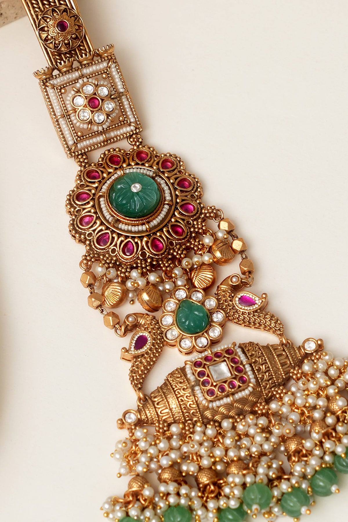 Gold Finish Multi-Colored Kundan Polki & Pearl Challa