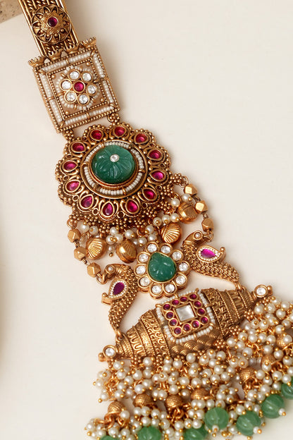 Gold Finish Multi-Colored Kundan Polki & Pearl Challa