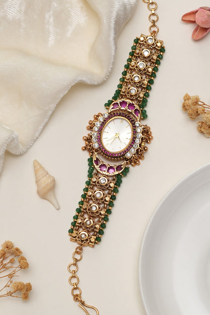 Gold Finish Multi-Colored Kundan Polki Adjustable Watch Bracelet