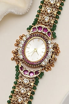 Gold Finish Multi-Colored Kundan Polki Adjustable Watch Bracelet
