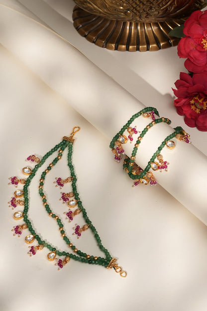Gold Finish Kundan Polki & Green Beaded Adjustable Earchains