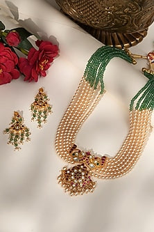 Gold Finish Gold & Green Beaded Jadau Long Necklace Set