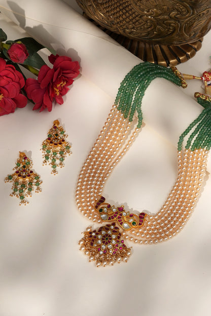 Gold Finish Gold & Green Beaded Jadau Long Necklace Set