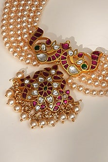 Gold Finish Gold & Green Beaded Jadau Long Necklace Set