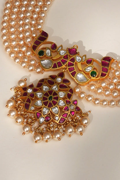 Gold Finish Gold & Green Beaded Jadau Long Necklace Set