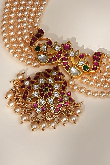 Gold Finish Gold & Green Beaded Jadau Long Necklace Set