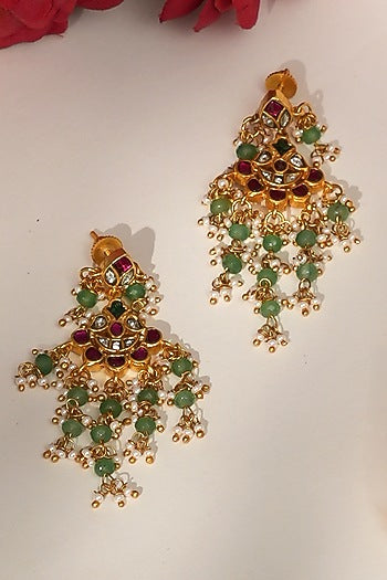 Gold Finish Gold & Green Beaded Jadau Long Necklace Set