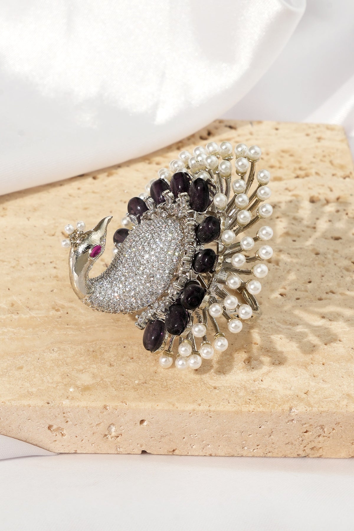 White Rhodium Finish American Diamond Adjustable Ring