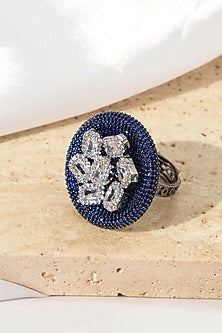 White Rhodium Finish Sapphire Stone & American Diamond Adjustable Ring