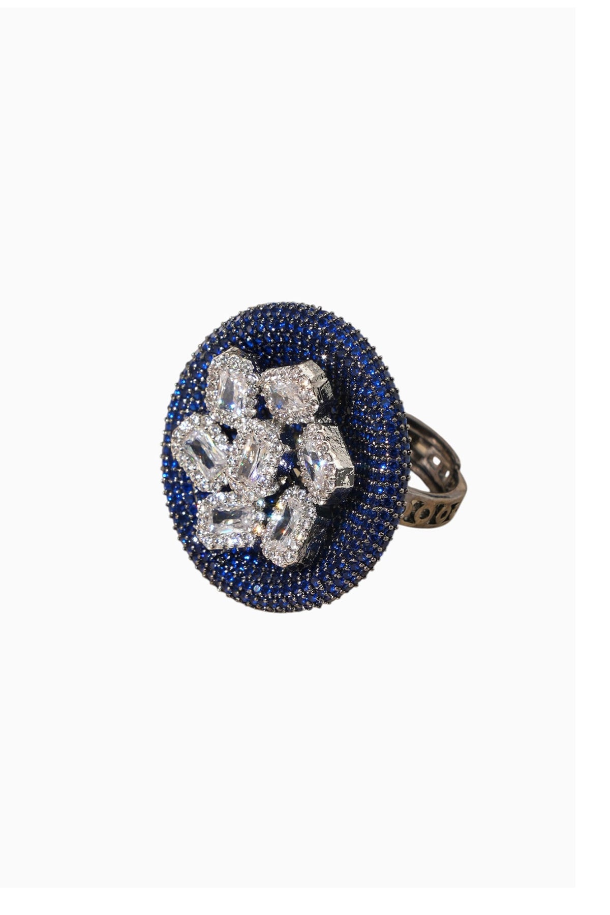 White Rhodium Finish Sapphire Stone & American Diamond Adjustable Ring