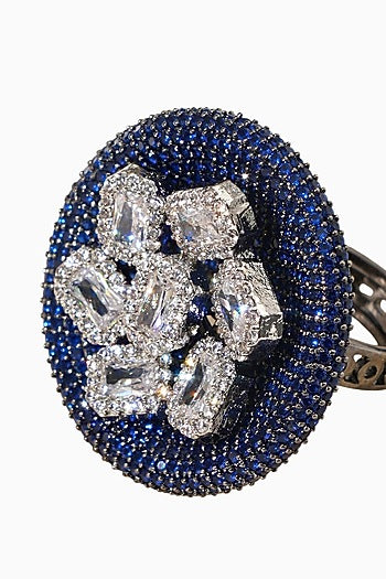 White Rhodium Finish Sapphire Stone & American Diamond Adjustable Ring