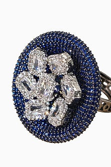White Rhodium Finish Sapphire Stone & American Diamond Adjustable Ring