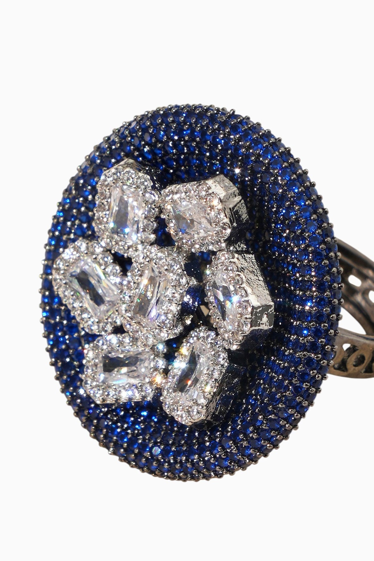 White Rhodium Finish Sapphire Stone & American Diamond Adjustable Ring