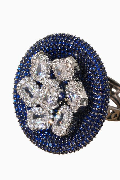 White Rhodium Finish Sapphire Stone & American Diamond Adjustable Ring
