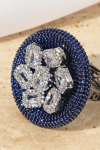 White Rhodium Finish Sapphire Stone & American Diamond Adjustable Ring