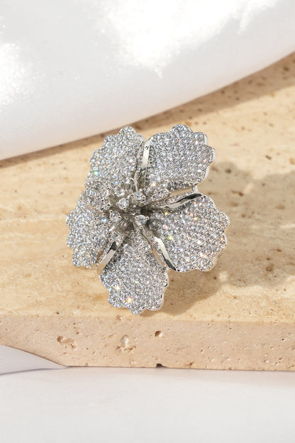 White Rhodium Finish American Diamond Floral Adjustable Ring