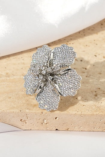 White Rhodium Finish American Diamond Floral Adjustable Ring