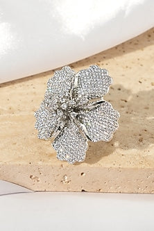 White Rhodium Finish American Diamond Floral Adjustable Ring