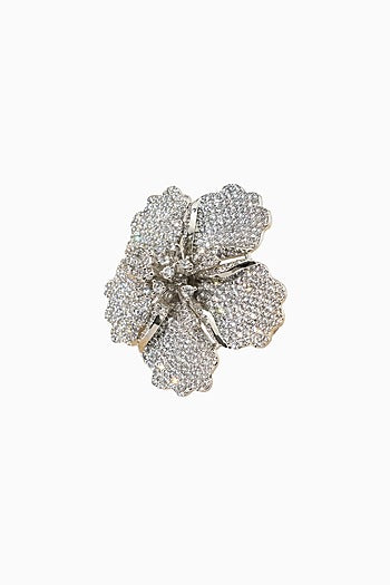 White Rhodium Finish American Diamond Floral Adjustable Ring