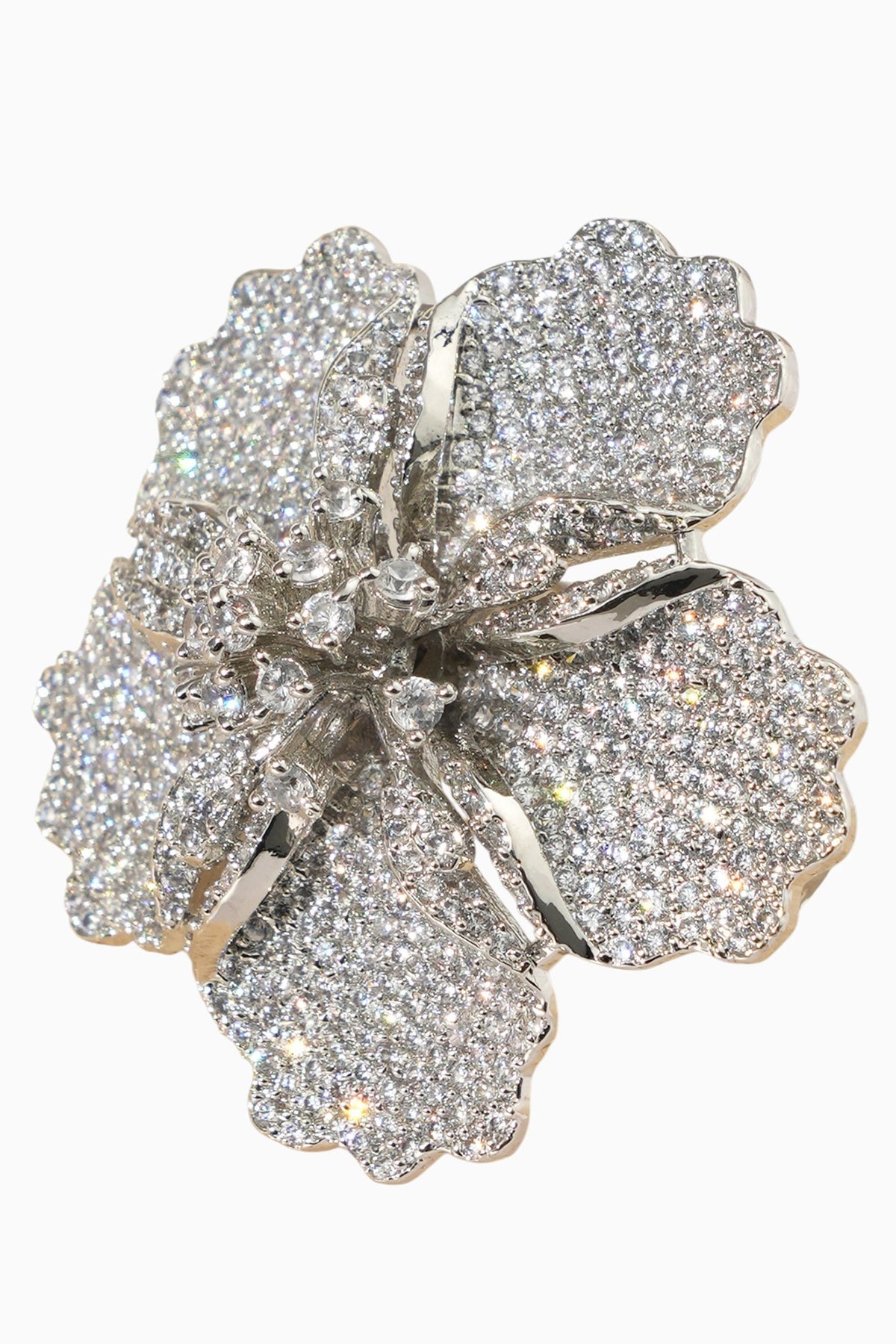 White Rhodium Finish American Diamond Floral Adjustable Ring