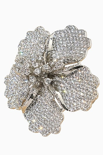 White Rhodium Finish American Diamond Floral Adjustable Ring