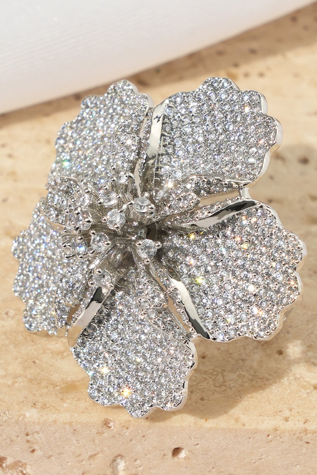 White Rhodium Finish American Diamond Floral Adjustable Ring