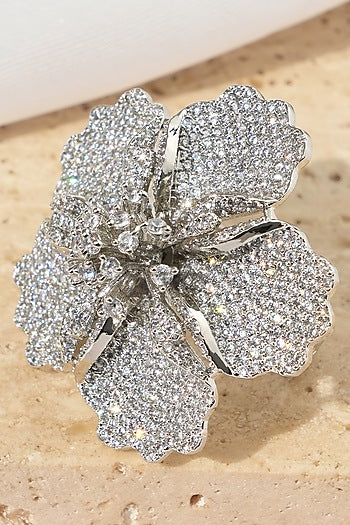 White Rhodium Finish American Diamond Floral Adjustable Ring