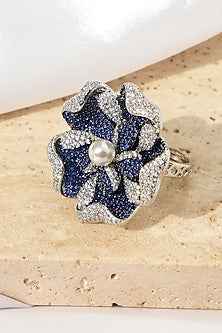 White Rhodium Finish Sapphire Stone & American Diamond Floral Adjustable Ring