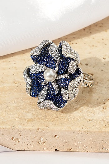 White Rhodium Finish Sapphire Stone & American Diamond Floral Adjustable Ring