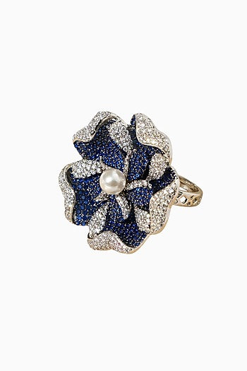 White Rhodium Finish Sapphire Stone & American Diamond Floral Adjustable Ring