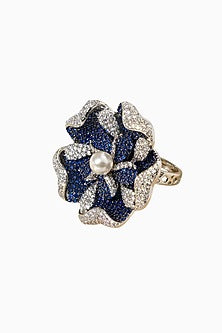 White Rhodium Finish Sapphire Stone & American Diamond Floral Adjustable Ring