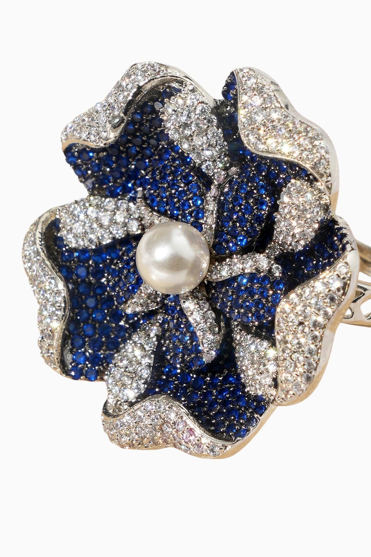 White Rhodium Finish Sapphire Stone & American Diamond Floral Adjustable Ring