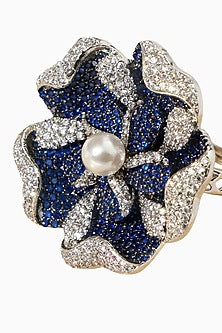 White Rhodium Finish Sapphire Stone & American Diamond Floral Adjustable Ring